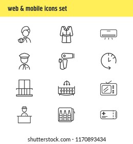 Vector illustration of 12 hotel icons line style. Editable set of check out time, hotel worker, flight ticket and other icon elements.