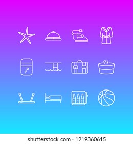 Vector illustration of 12 hotel icons line style. Editable set of swimming pool, bathrobe, iron and other icon elements.