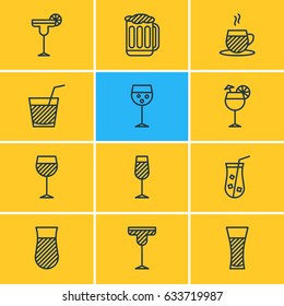 Vector Illustration Of 12  Icons. Editable Pack Of Goblet, Cocktail, Juice And Other Elements.