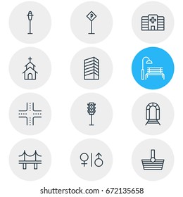 Vector Illustration Of 12  Icons. Editable Pack Of Road Sign, Semaphore, Bench And Other Elements.