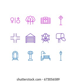 Vector Illustration Of 12  Icons. Editable Pack Of Toilet, Mail Box, Intersection And Other Elements.