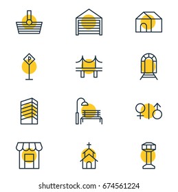 Vector Illustration Of 12  Icons. Editable Pack Of Home, Skyscraper, Bench And Other Elements.