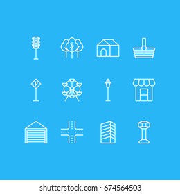 Vector Illustration Of 12  Icons. Editable Pack Of Home, Semaphore, Skyscraper And Other Elements.