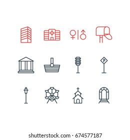 Vector Illustration Of 12  Icons. Editable Pack Of Basket, Semaphore, Mail Box And Other Elements.