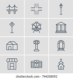 Vector Illustration Of 12  Icons. Editable Pack Of Subway, Ferris Wheel, Courthouse And Other Elements.