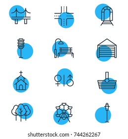 Vector Illustration Of 12  Icons. Editable Pack Of Forest, Lamppost, Toilet And Other Elements.