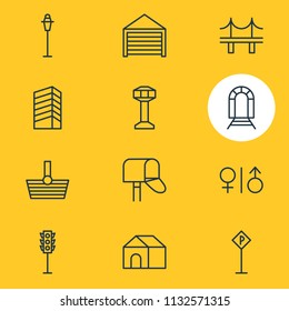 Vector illustration of 12  icons line style. Editable set of house, shopping, building and other icon elements.