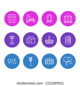 Vector illustration of 12  icons line style. Editable set of building, house, airport and other icon elements.