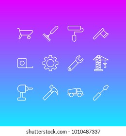 Vector illustration of 12 industry icons line style. Editable set of drill, carrier, gear and other icon elements.
