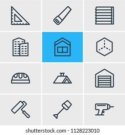 Vector Illustration Of 12 Industry Icons Line Style. Editable Set Of House 3d, Siding, Drill And Other Icon Elements.