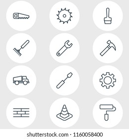 Vector illustration of 12 industry icons line style. Editable set of screwdriver, handsaw, rake icon elements.