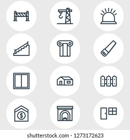 Vector illustration of 12 industry icons line style. Editable set of door with window, fence, security and other icon elements.