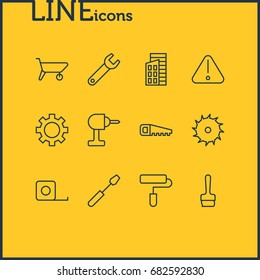 Vector Illustration Of 12 Industry Icons. Editable Pack Of Handcart, Hacksaw, Measure Tape Elements.