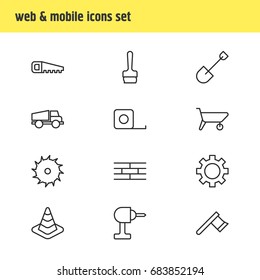 Vector Illustration Of 12 Industry Icons. Editable Pack Of Cogwheel, Measure Tape, Hatchet And Other Elements.