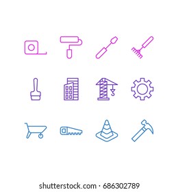 Vector Illustration Of 12 Industry Icons. Editable Pack Of Turn Screw, Measure Tape, Cogwheel And Other Elements.