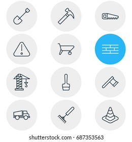 Vector Illustration Of 12 Industry Icons. Editable Pack Of Caution, Lifting, Handcart Elements.