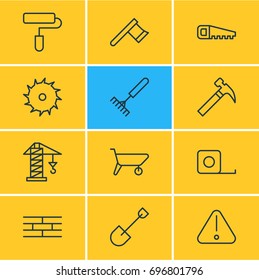 Vector Illustration Of 12 Industry Icons. Editable Pack Of Road Sign, Lifting, Harrow And Other Elements.