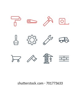 Vector Illustration Of 12 Industry Icons. Editable Pack Of Lifting, Handcart, Paintbrush Elements.