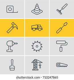 Vector Illustration Of 12 Industry Icons. Editable Pack Of Hacksaw, Lorry, Roller And Other Elements.