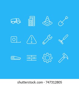 Vector Illustration Of 12 Industry Icons. Editable Pack Of Cogwheel, Measure Tape, Hacksaw And Other Elements.