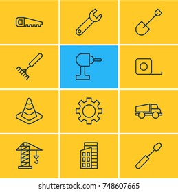 Vector Illustration Of 12 Industry Icons. Editable Pack Of Turn Screw, Harrow, Apartment And Other Elements.