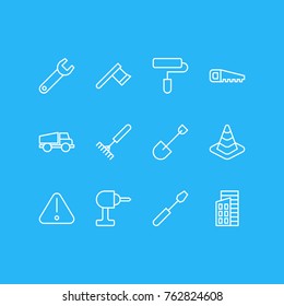 Vector Illustration Of 12 Industry Outline Icons. Editable Set Of Hacksaw, Harrow, Apartment And Other Elements.