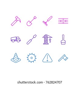 Vector Illustration Of 12 Industry Outline Icons. Editable Set Of Caution, Lorry, Road Sign And Other Elements.