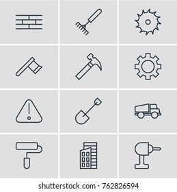 Vector Illustration Of 12 Industry Outline Icons. Editable Set Of Apartment, Barrier, Road Sign And Other Elements.