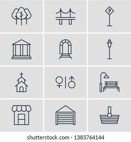 Vector illustration of 12 infrastructure icons line style. Editable set of garage, storefront, park and other icon elements.