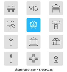 Vector Illustration Of 12 Infrastructure Icons. Editable Pack Of Home, Toilet, Building And Other Elements.
