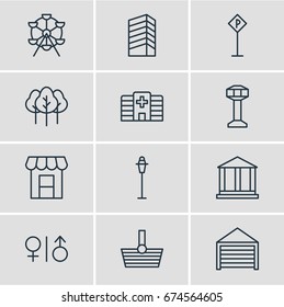 Vector Illustration Of 12 Infrastructure Icons. Editable Pack Of Lamppost, Forest, Skyscraper And Other Elements.