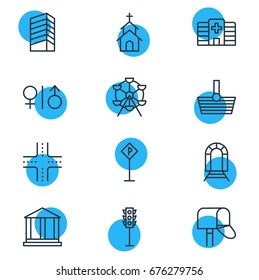 Vector Illustration Of 12 Infrastructure Icons. Editable Pack Of Basket, Road Sign, Toilet And Other Elements.