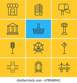 Vector Illustration Of 12 Infrastructure Icons. Editable Pack Of Semaphore, Mail Box, Skyscraper And Other Elements.