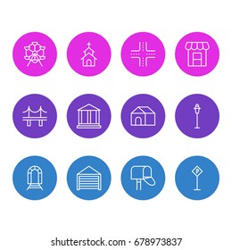 Vector Illustration Of 12 Infrastructure Icons. Editable Pack Of Intersection, Subway, Ferris Wheel And Other Elements.