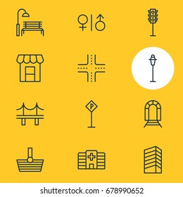 Vector Illustration Of 12 Infrastructure Icons. Editable Pack Of Awning, Intersection, Basket And Other Elements.