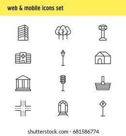 Vector Illustration Of 12 Infrastructure Icons. Editable Pack Of Clinic, Subway, Road Sign And Other Elements.
