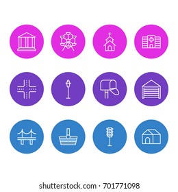 Vector Illustration Of 12 Infrastructure Icons. Editable Pack Of Building, Clinic, Mail Box And Other Elements.