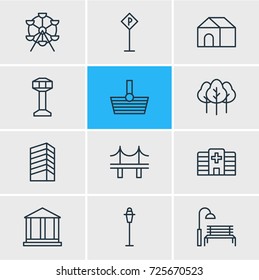 Vector Illustration Of 12 Infrastructure Icons. Editable Pack Of Forest, Ferris Wheel, Control Tower And Other Elements.