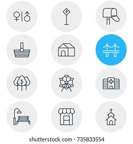 Vector Illustration Of 12 Infrastructure Icons. Editable Pack Of Golden Gate, Toilet, Home And Other Elements.