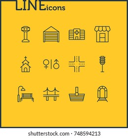 Vector Illustration Of 12 Infrastructure Icons. Editable Pack Of Golden Gate, Toilet, Intersection And Other Elements.