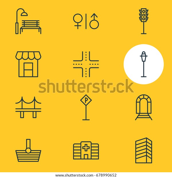Vector\
Illustration Of 12 Infrastructure Icons. Editable Pack Of Awning,\
Intersection, Basket And Other\
Elements.