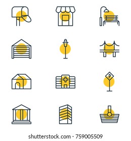 Vector Illustration Of 12 Infrastructure Outline Icons. Editable Set Of Lamppost, Parking, Clinic And Other Elements.