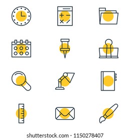 Vector illustration of 12 instruments icons line style. Editable set of brush, table lamp, copybook and other icon elements.