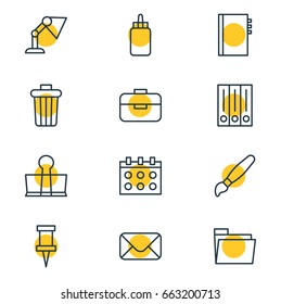 Vector Illustration Of 12 Instruments Icons. Editable Pack Of Dossier, Illuminator, Letter And Other Elements.