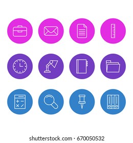Vector Illustration Of 12 Instruments Icons. Editable Pack Of Portfolio, Dossier, Archive And Other Elements.