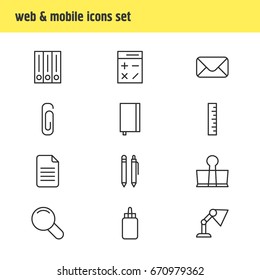 Vector Illustration Of 12 Instruments Icons. Editable Pack Of Pencil, Copybook, Illuminator And Other Elements.