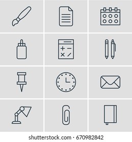 Vector Illustration Of 12 Instruments Icons. Editable Pack Of Watch, Folder, Adhesive And Other Elements.