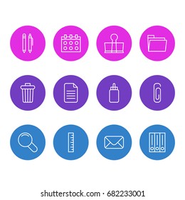 Vector Illustration Of 12 Instruments Icons. Editable Pack Of Adhesive, Pencil, Date And Other Elements.