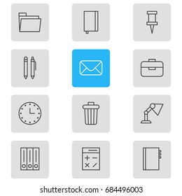 Vector Illustration Of 12 Instruments Icons. Editable Pack Of Garbage Container, Dossier, Archive And Other Elements.