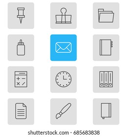 Vector Illustration Of 12 Instruments Icons. Editable Pack Of Copybook, Calculate, Folder And Other Elements.